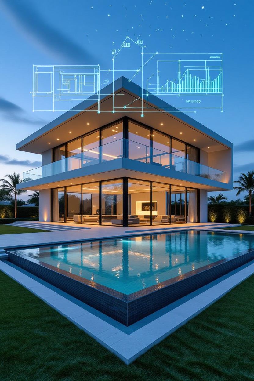 Modern home exterior with pool